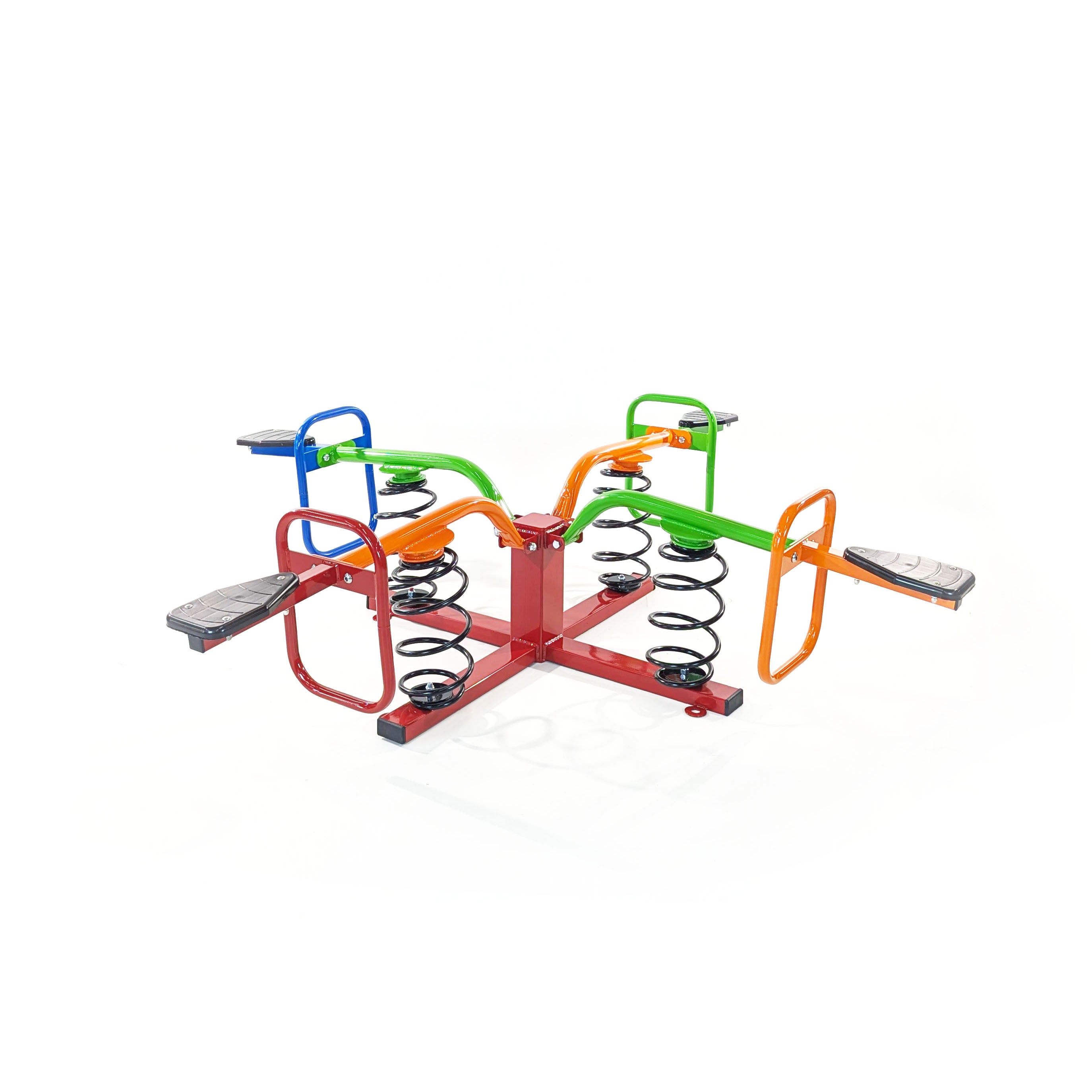 Spyder Ryder Spring Bouncer with four colorful seats, metal frame, large springs, and handlebars for playground bouncing fun