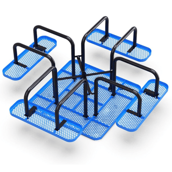 Blue and black square metal picnic table with four attached benches and central umbrella hole, angled view
