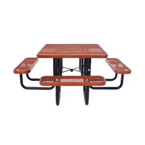 Brown expanded metal square picnic table with four attached benches and central umbrella hole, outdoor seating