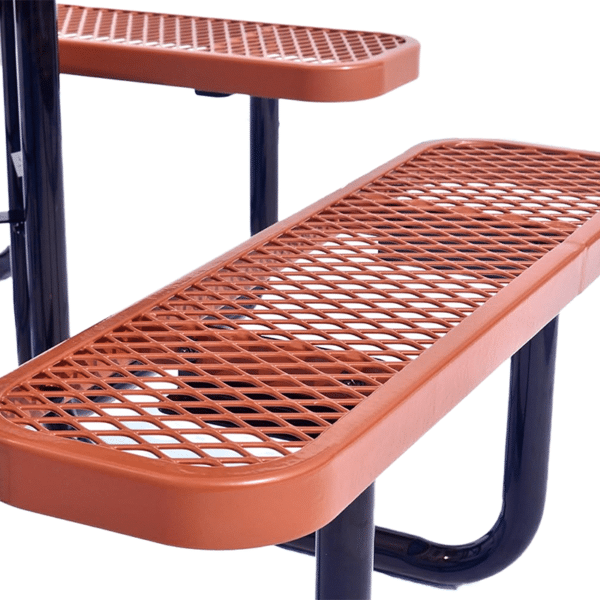 Rust-colored expanded metal bench seat with black metal frame, part of a commercial outdoor picnic table.