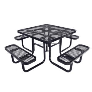 Black expanded metal square picnic table with four attached benches and central umbrella hole, outdoor durable design