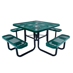 Green square metal picnic table with four attached benches and central umbrella hole, durable for outdoor use