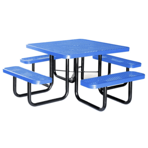Expanded Metal 46" Square Picnic Table with blue expanded metal tabletop and benches, black steel frame, umbrella hole center, side view