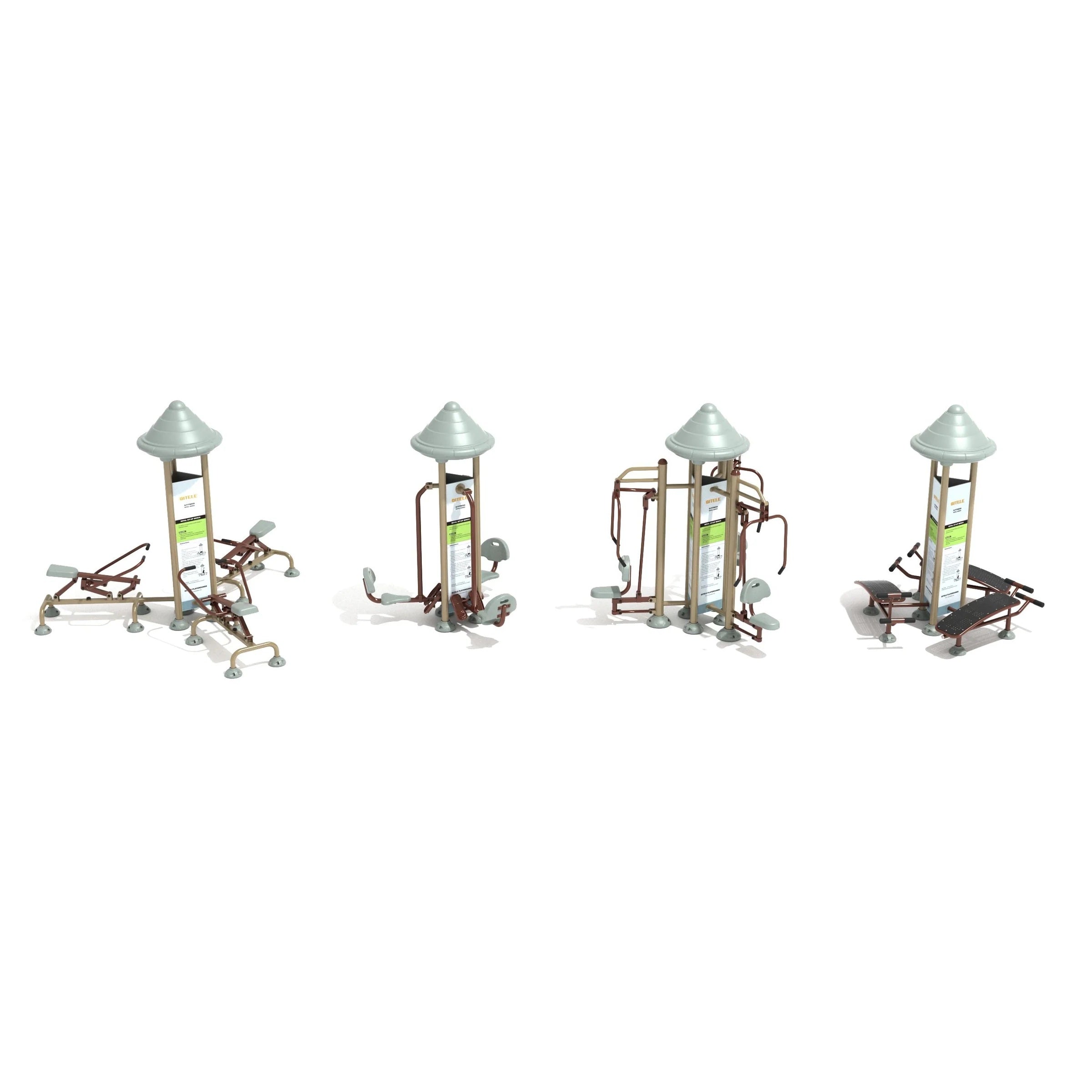 Overhead view of four outdoor fitness stations with seats, handles, instructional panels, and gray conical roofs