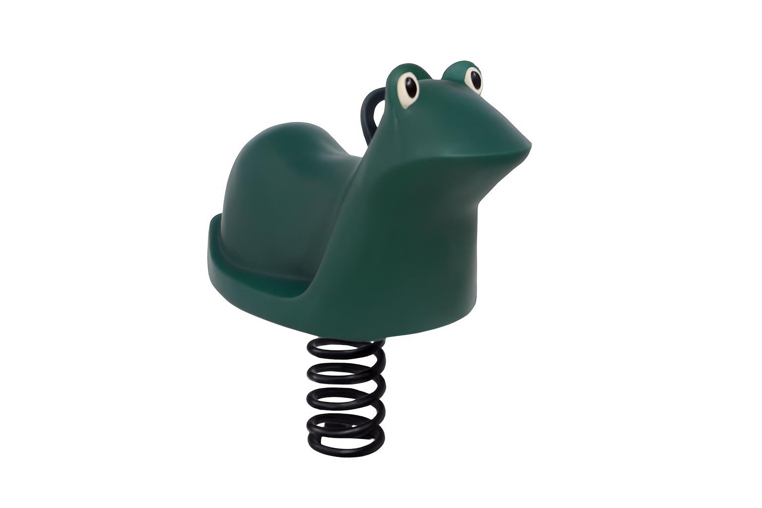 Frog Molded Spring Rider playground equipment in dark green with black handles and spring base on wood chip surface near brick wall and bench