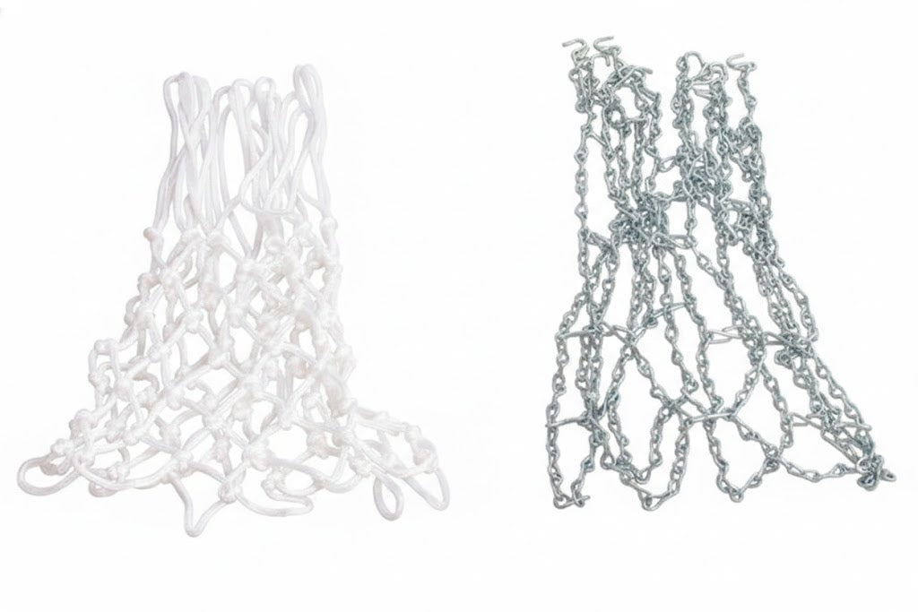 Steel Chain Replacement Net for SportsPlay Basketball Goals with durable interlinked metal chains next to white nylon net on wood surface