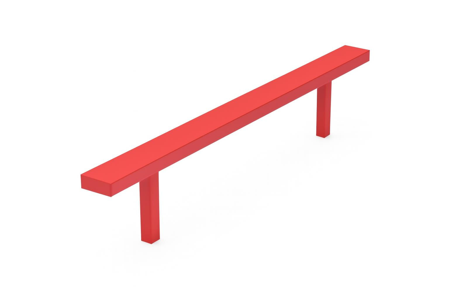 Straight Balance Beam in red powder-coated steel on wood chip ground, outdoor playground equipment promoting balance and coordination