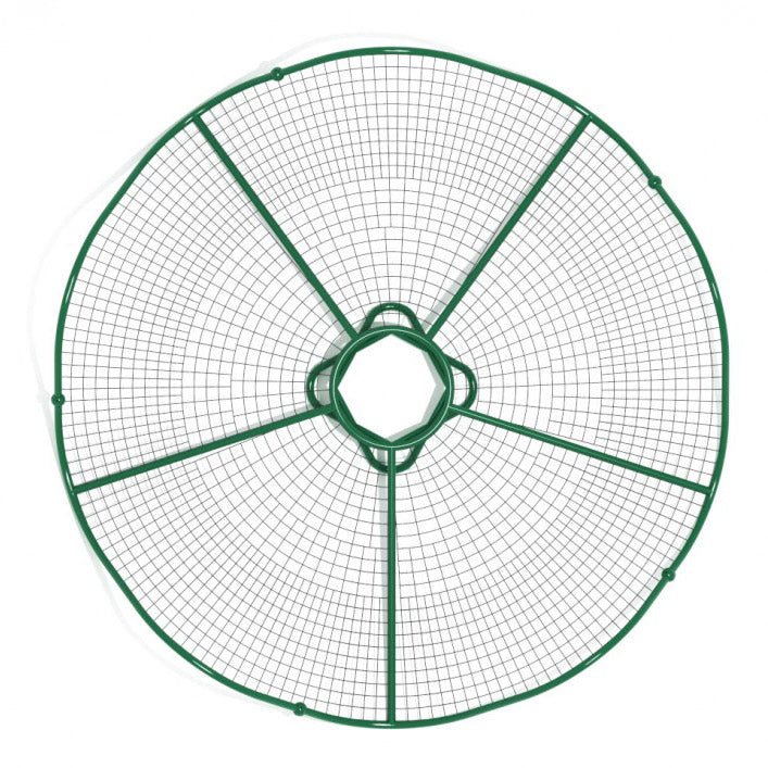 Overhead view of a circular playground net climber with wave-like edges and radiating rope supports for climbing and social play
