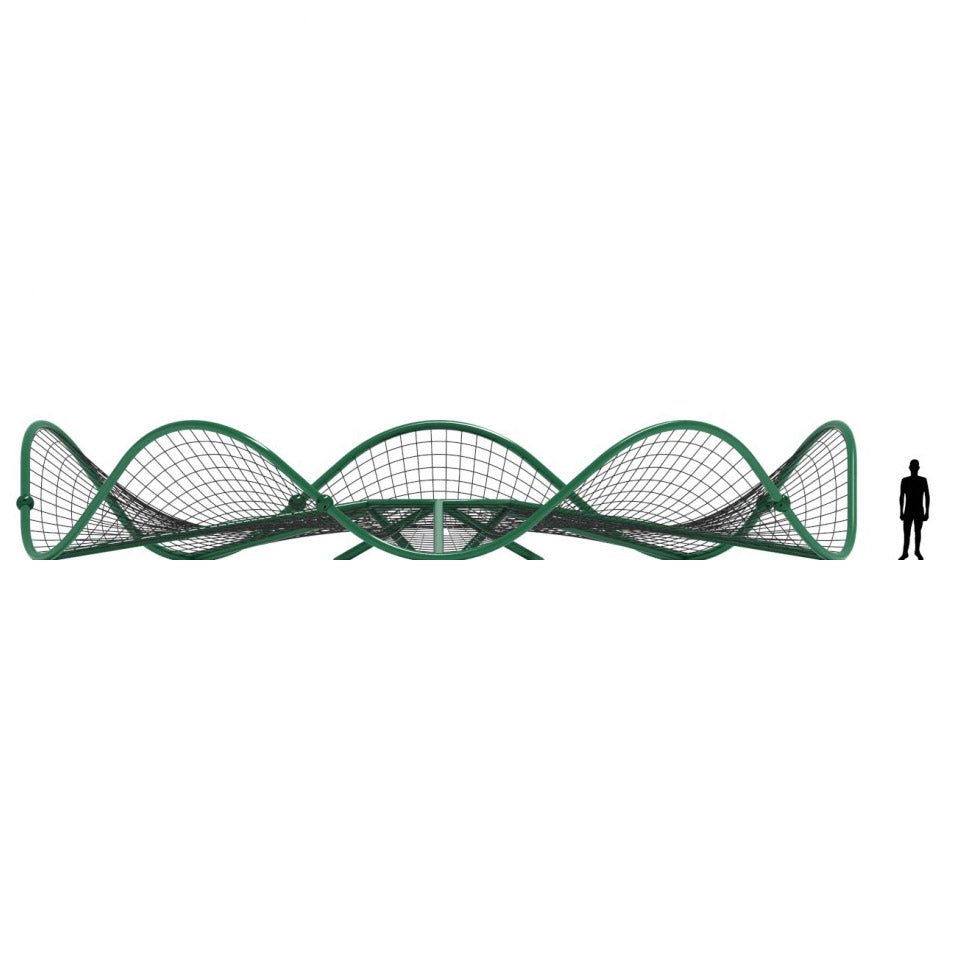 Green wave-shaped rope net climber with circular hub and radiating supports, side view with human figure for scale