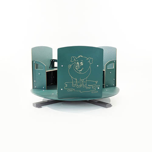 Green farm-themed kids' spinner with dog, frog, and bear animal panels and safety handles