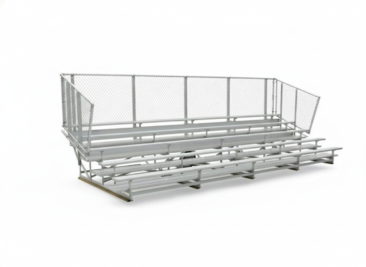 5 Row Preferred Portable Bleachers with aluminum seating, chain-link guardrail, and wheels on a sports field track