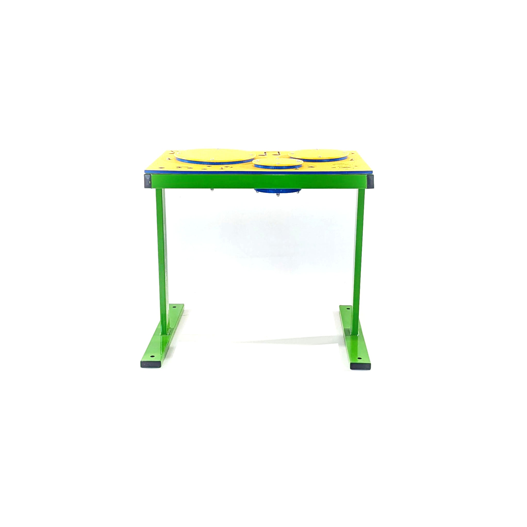 Green and yellow children's musical drum table with three circular drum pads on top, front view