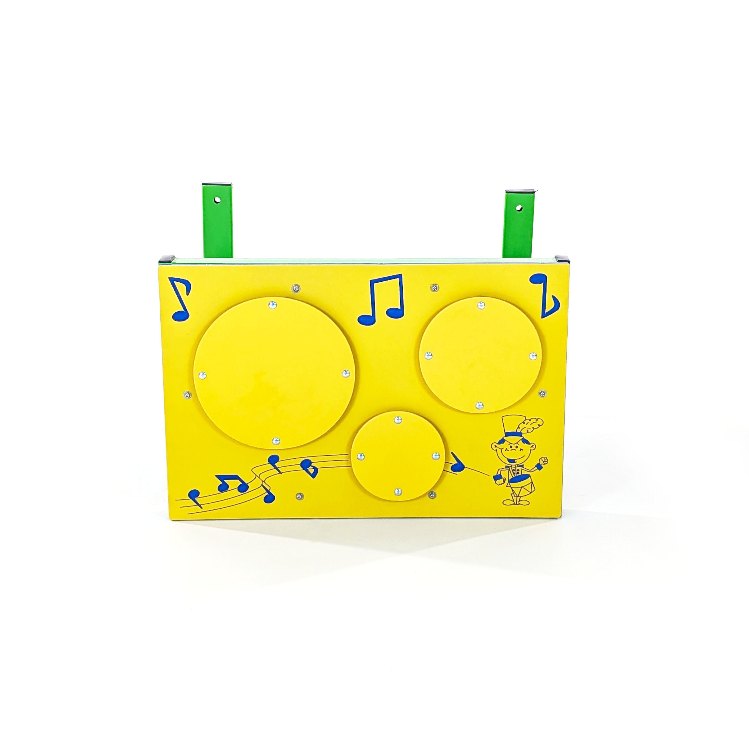 Tom Tom TablePark Musical with three yellow drum pads, blue musical notes, and a cartoon drummer on a yellow panel
