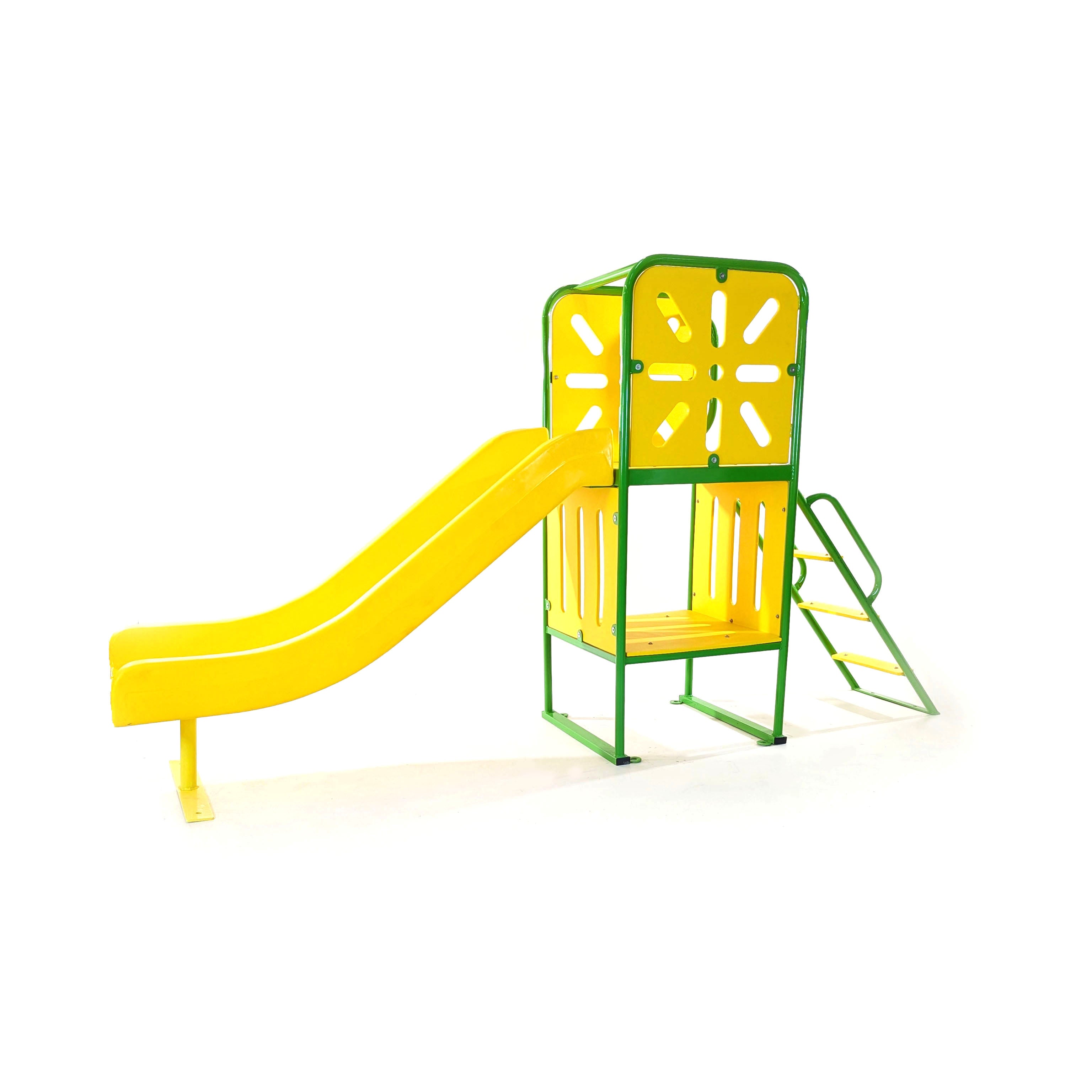 Large Tree House and Slide playground unit with green frame, cozy playhouse panels, ladder, and yellow high-sided slide on white background