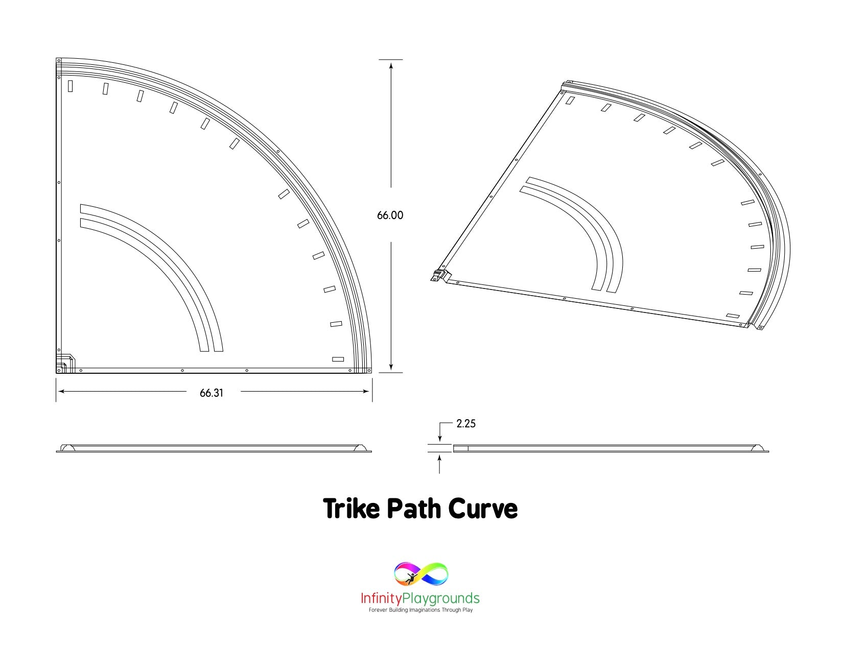 Overhead view of a quarter-circle playground trike path curve with raised edges and lane markings for safe, active play