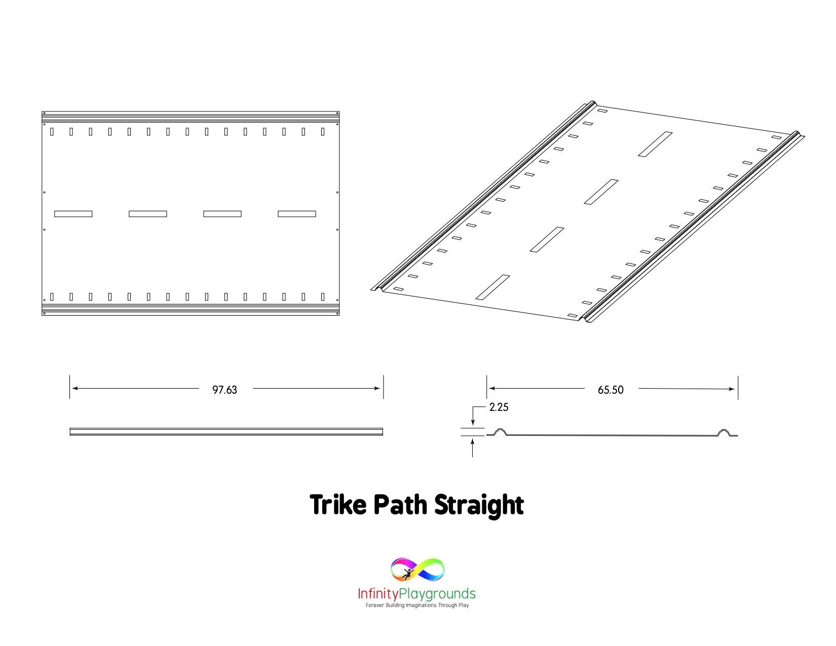 Overhead view of a straight playground trike path segment with lane markings and raised edges for safe, active play