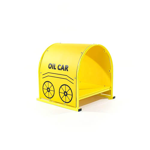 Yellow single tunnel crawl tube with oil car and wheel graphics on the sides for children's play and climbing.
