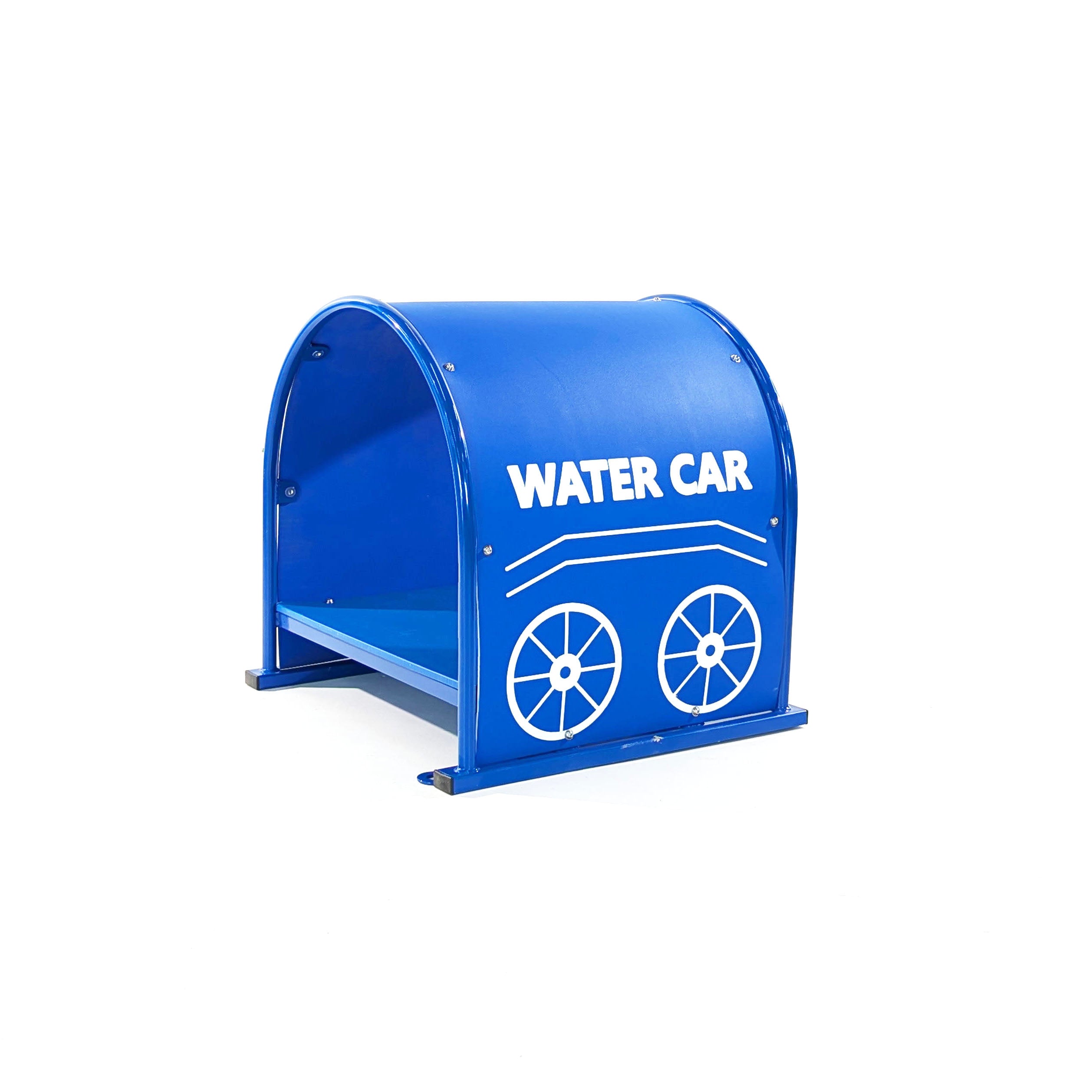 Blue single tunnel crawl tube with white water car and wheel graphics for children's climbing play