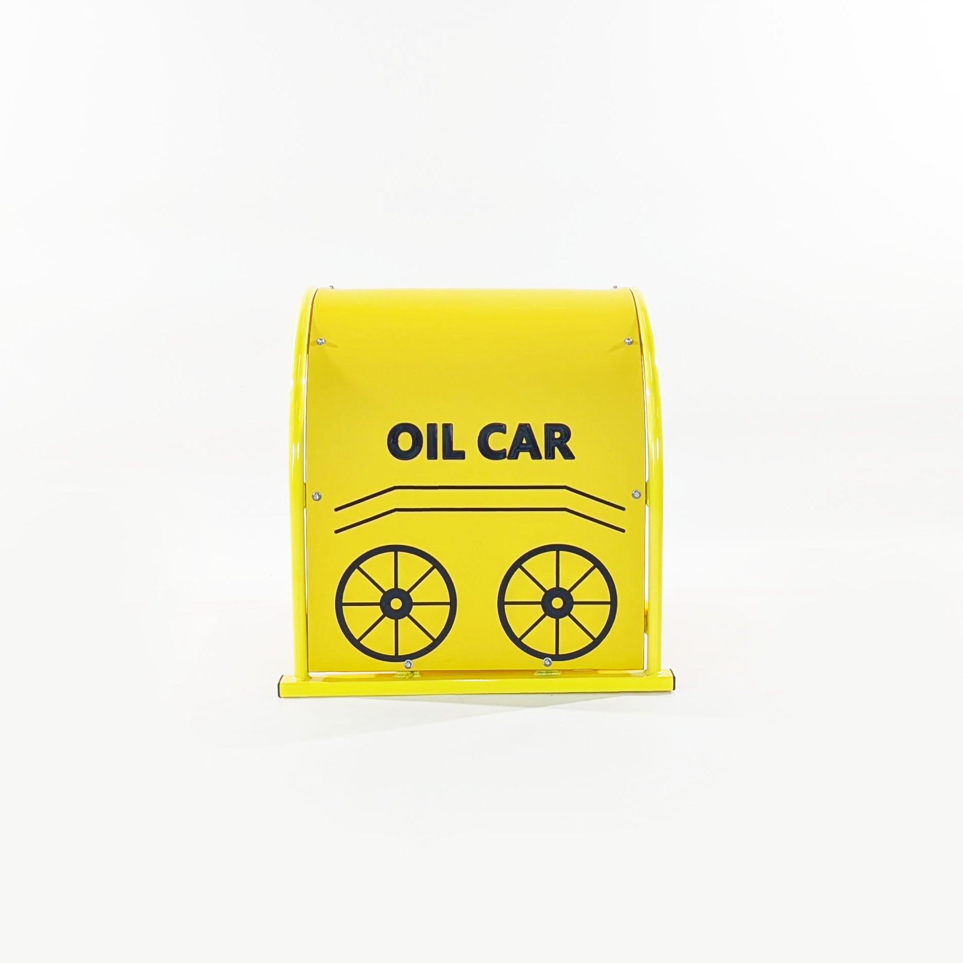 Single Tunnel Crawl Tube in bright yellow with black oil car and wheel graphics for children's climbing tunnels