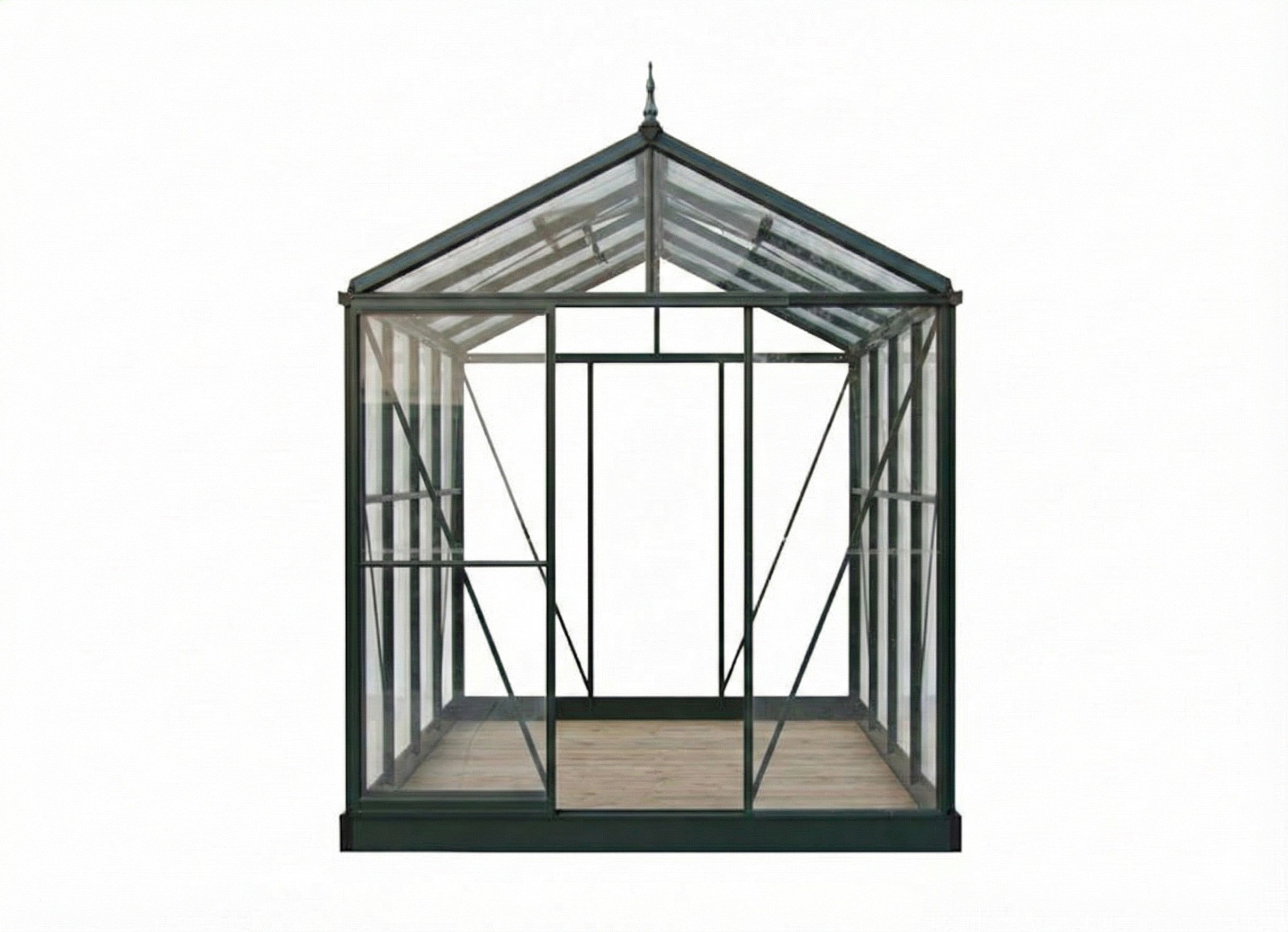 Royal Victorian Greenhouse with black frame, clear glass panels, decorative roof cresting, sliding door, surrounded by potted plants and garden furniture