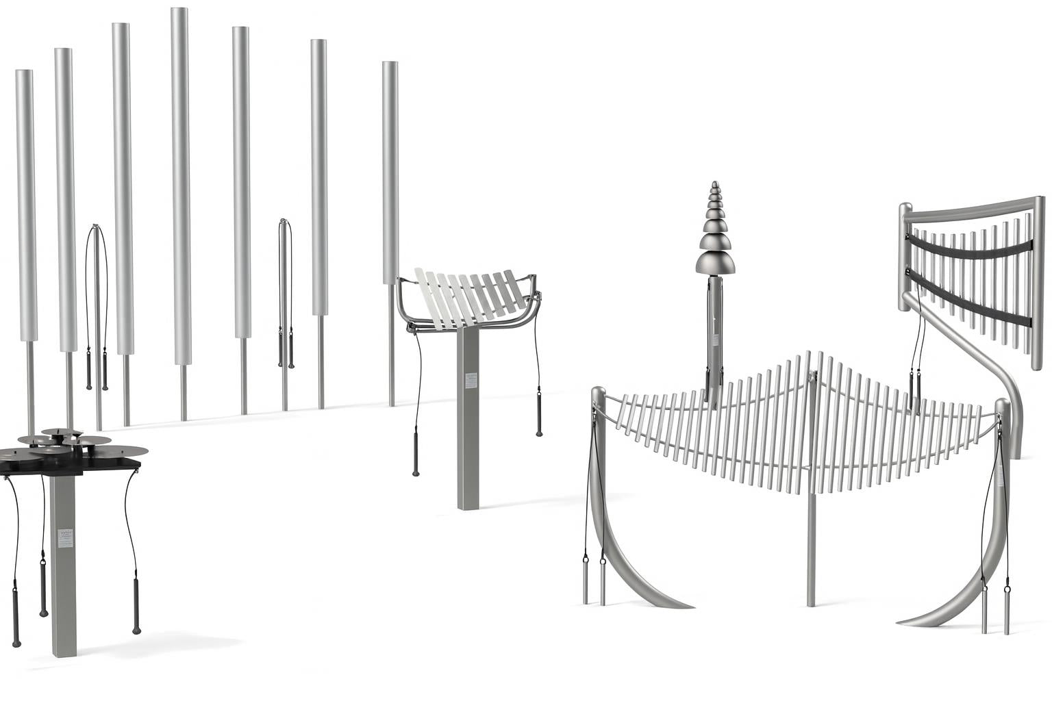 Sculptural Collection Outdoor Musical Park Instrument with chimes, xylophone, cymbals, and bells on steel posts in grassy park setting