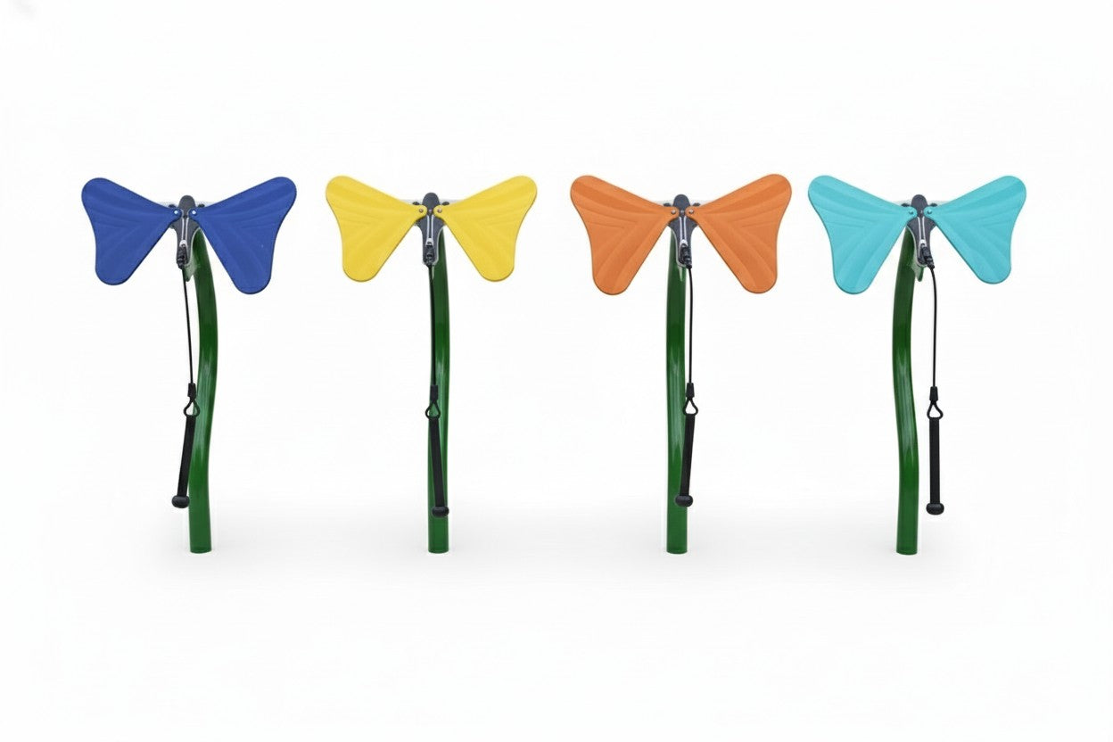 Toddler Butterfly Ensemble outdoor musical park instruments with colorful butterfly-shaped aluminum notes and mallets on green stems