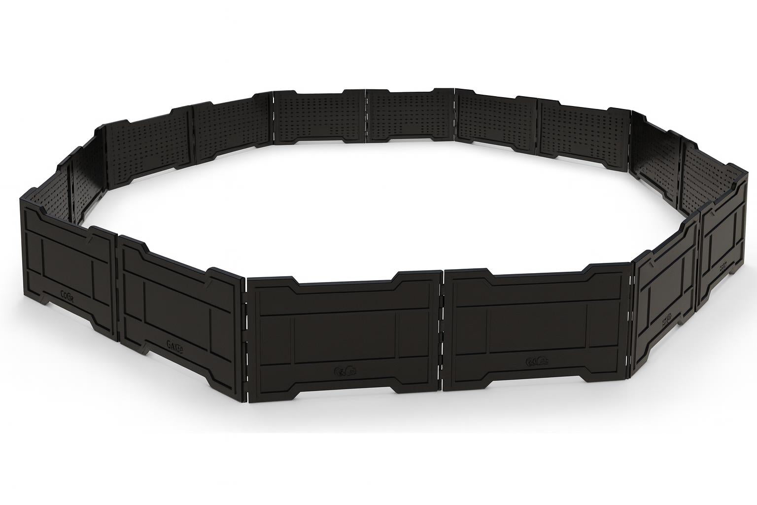 Black folding panels forming a large enclosed portable play pit for active GaGa ball games and group play activities