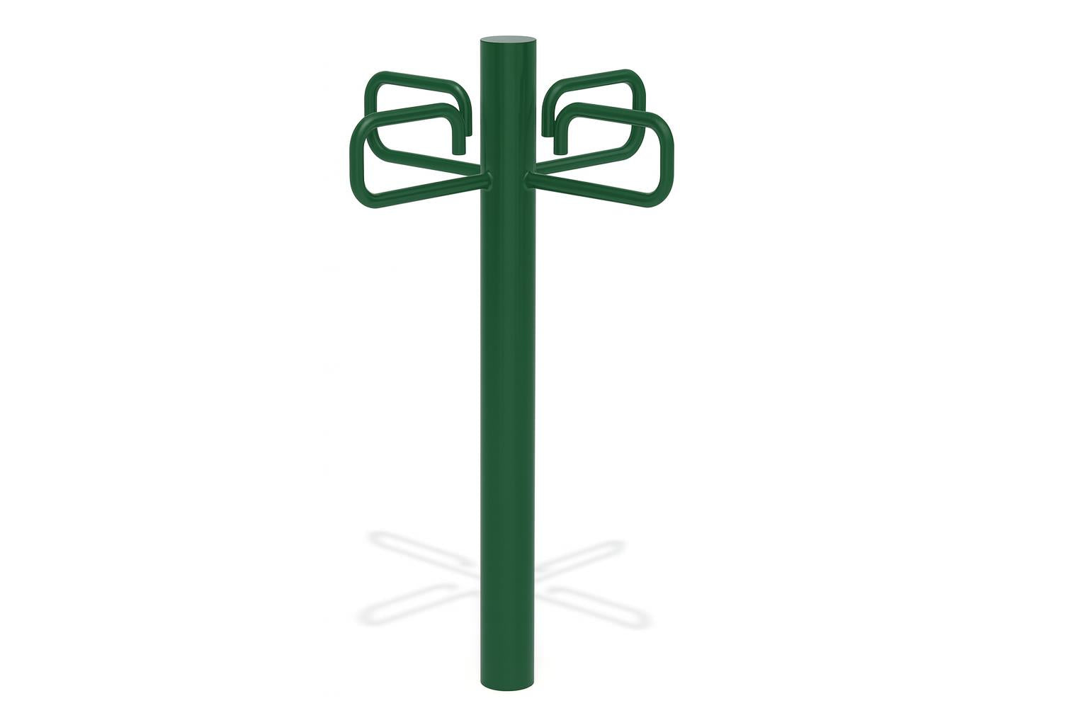 The BarkPark Leash Post green metal post with four C-hooks holding colorful dog leashes on wood chip ground in a park setting