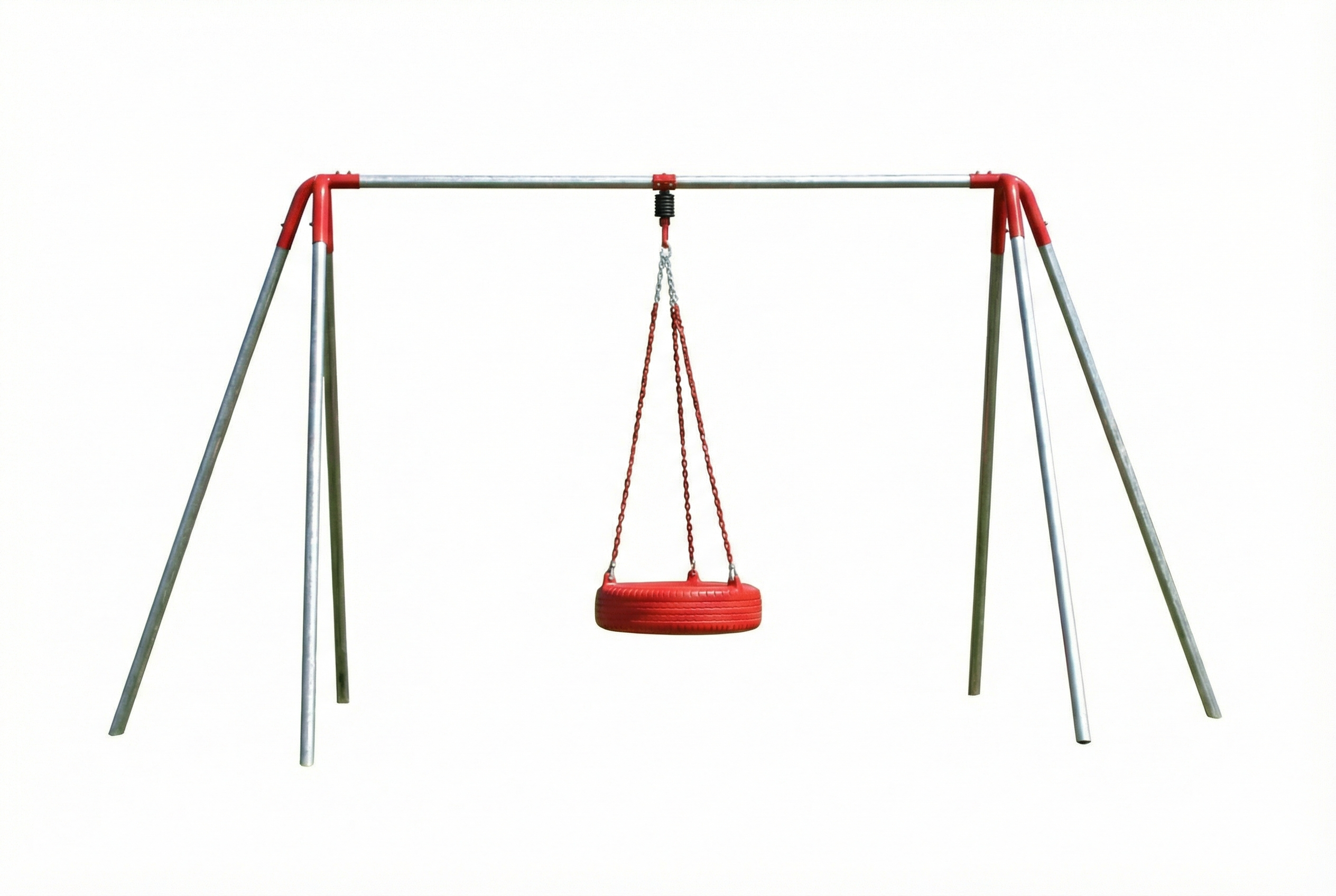 Heavy Duty 6 Foot High Tire Swing with red tire and silver metal frame in outdoor commercial playground setting