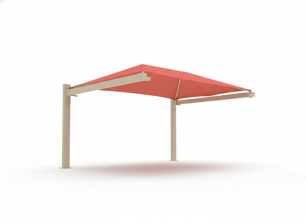 Full Cantilever Hip Roof Shade Structure with rectangular beige cantilever posts and red hip roof canopy providing poolside shade over lounge chairs and hot tub area