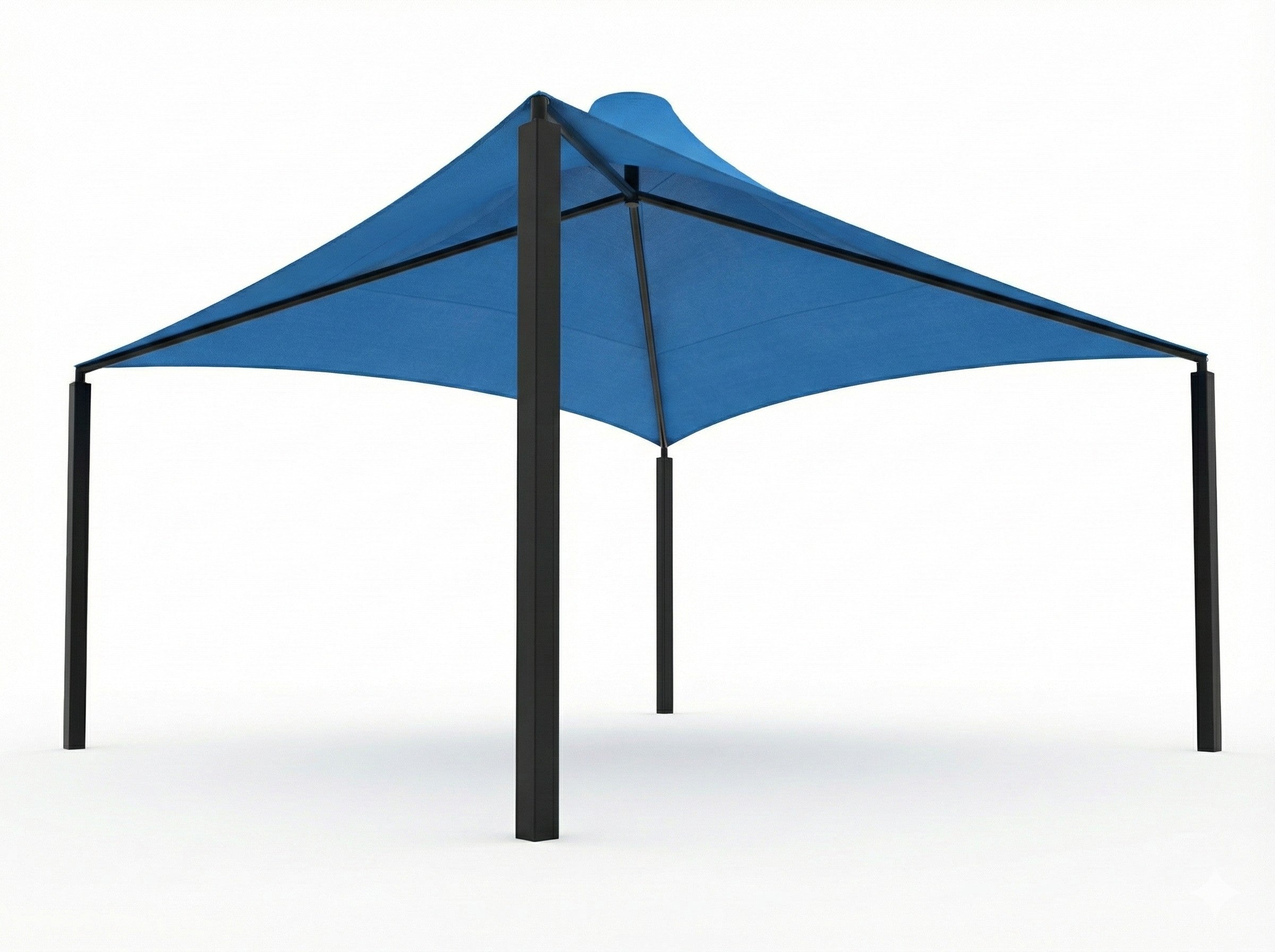 Sahara Roof Shade Structure with blue conical canopy and four black posts shading outdoor playground slides and climbing equipment