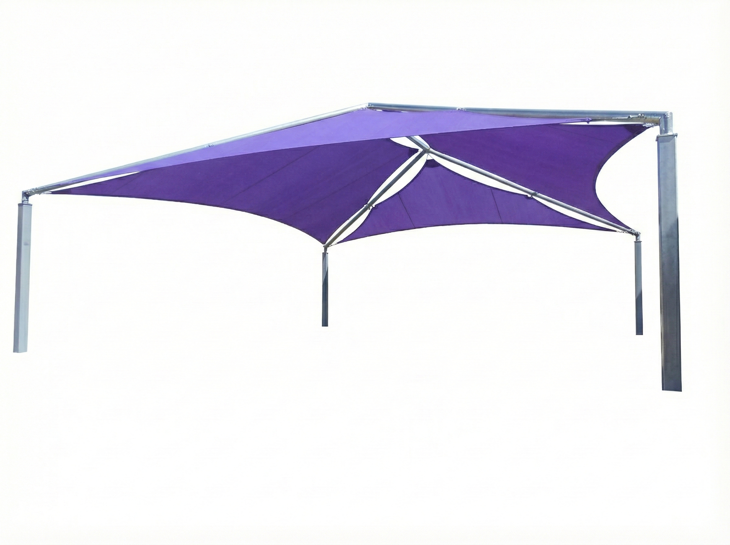 SuperSpan Hip Multi-Panel Shade Structure with vibrant purple fabric panels and gray metal posts over picnic tables and trash bins in a school courtyard