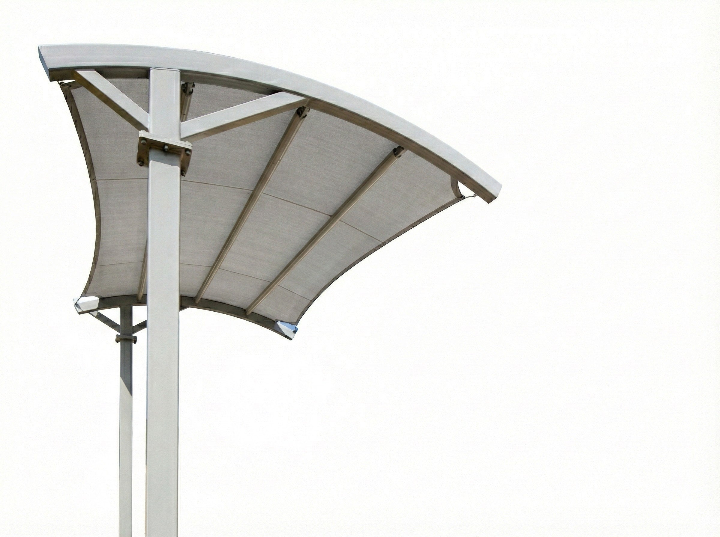 Panorama Cantilever Shade Structure with elegantly arched roof and two supporting posts in neutral color shading outdoor area