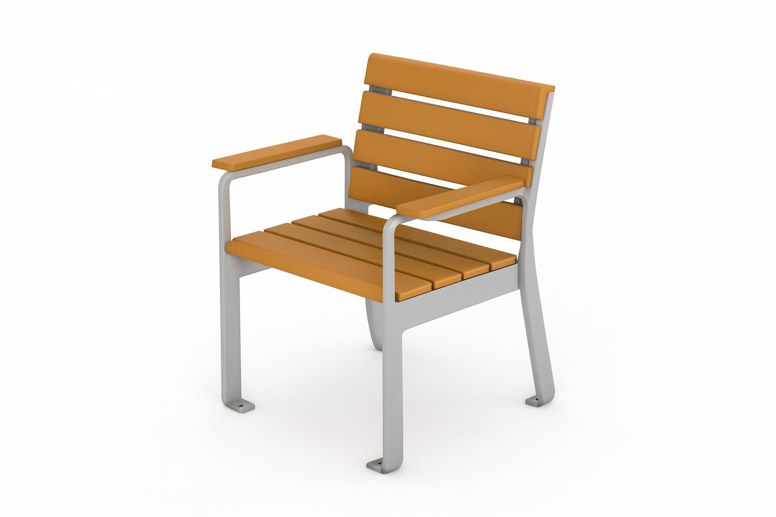 Plaza Recycled Plastic Park Chair with warm brown horizontal slats, white metal frame, and armrests for outdoor use