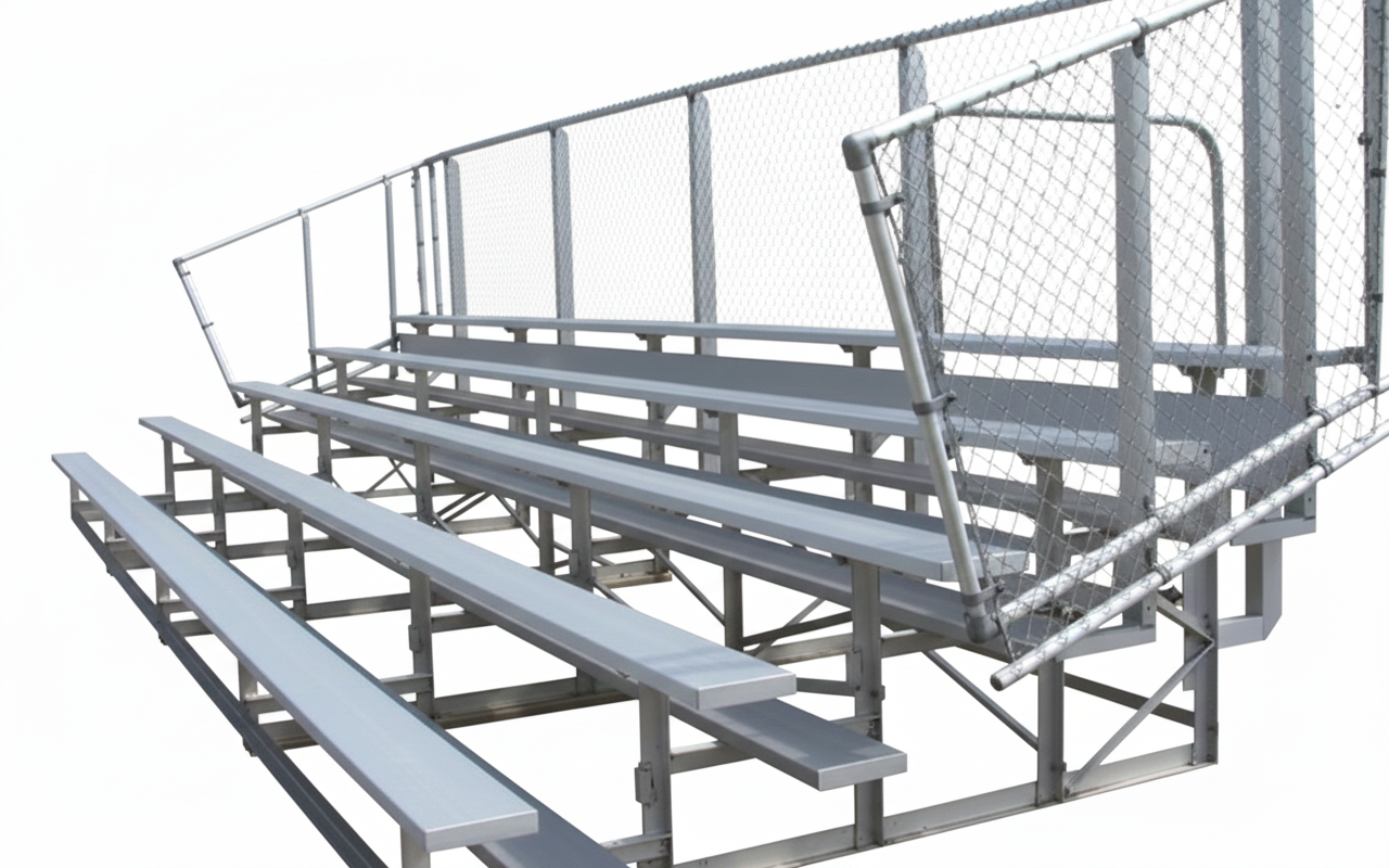 5 Row Deluxe Bleachers with anodized aluminum seats, chain-link guardrails, handrails, and riser planks in outdoor setting