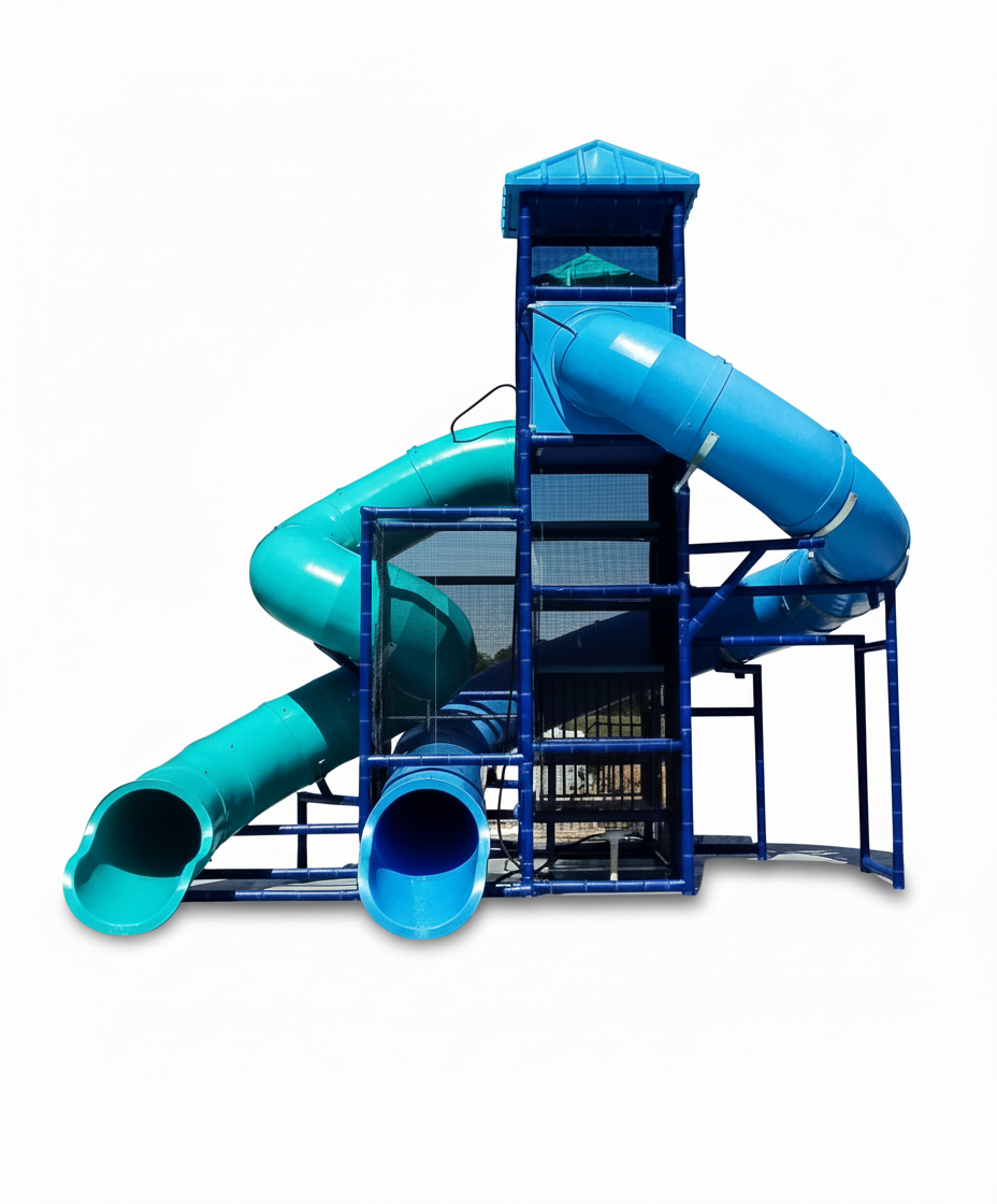 Lake Victoria Water Slide with two curved blue enclosed tube slides, tall metal frame, safety netting, and blue roofed platform