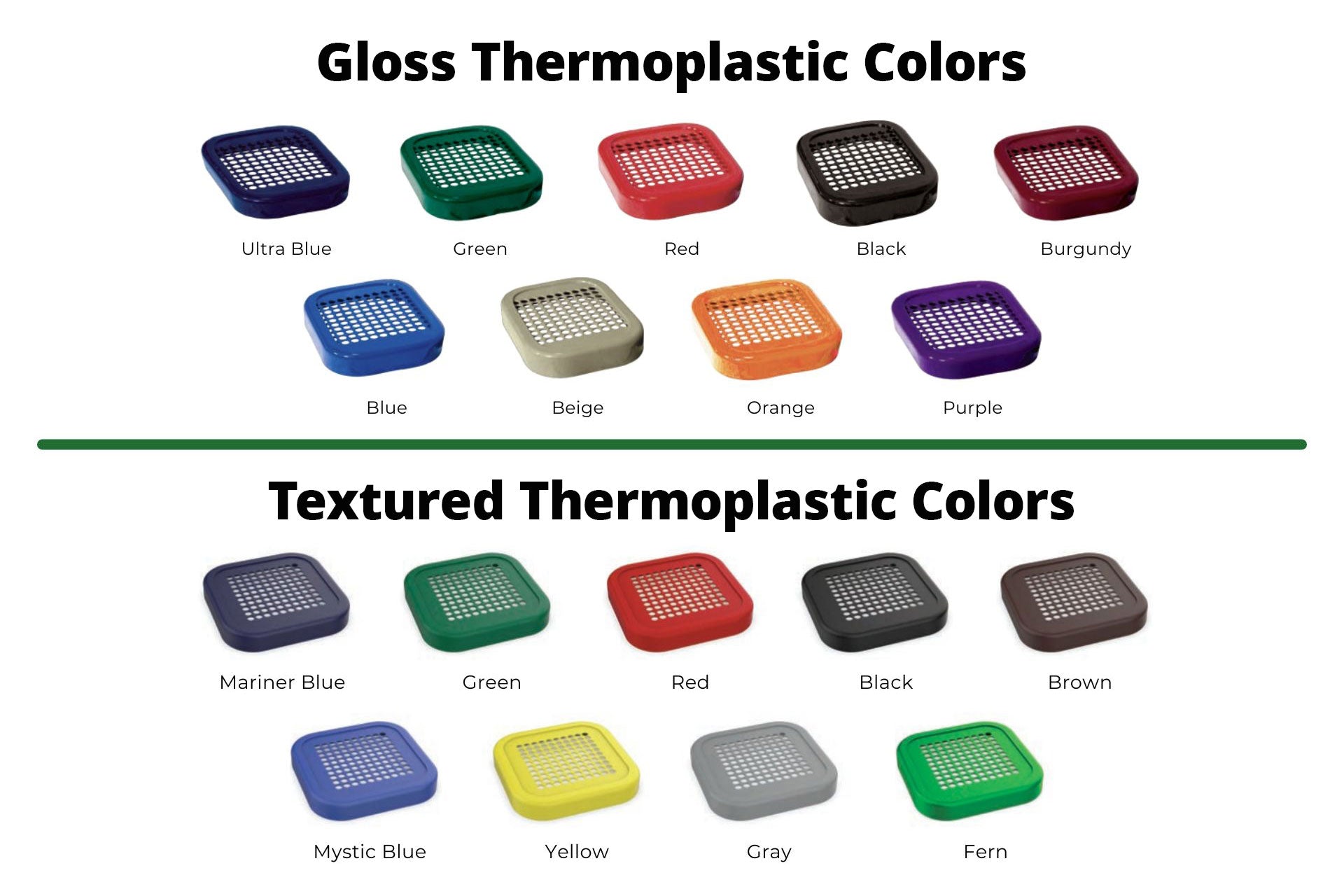 Color swatches for gloss and textured thermoplastic materials on a white background.