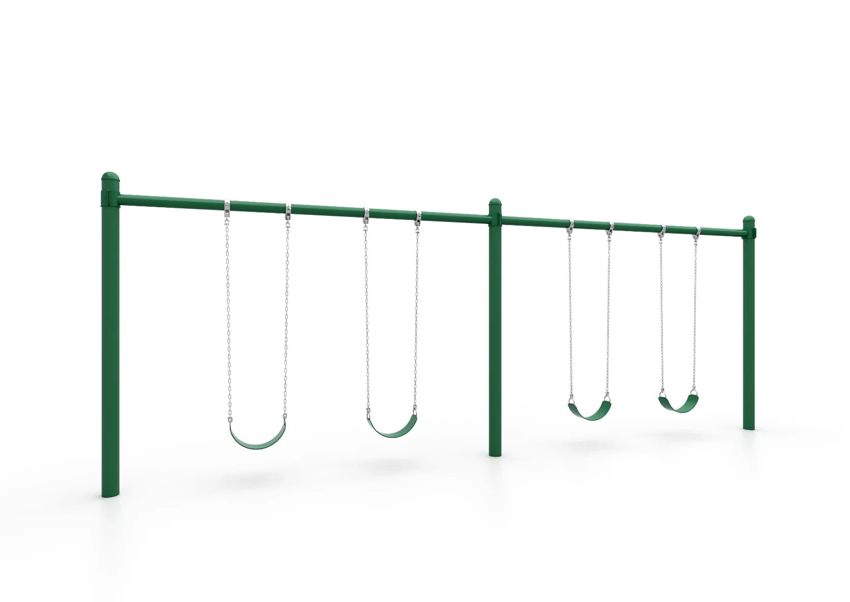 Green metal single-post swing frame with four belt swings and sturdy chains for commercial playgrounds
