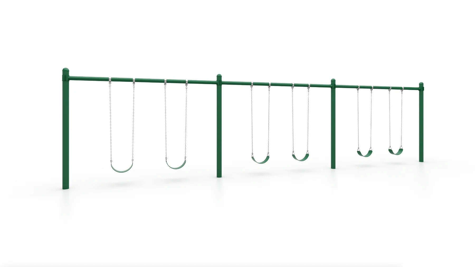 Green metal single post swing frame with six belt swings and chains for commercial playgrounds