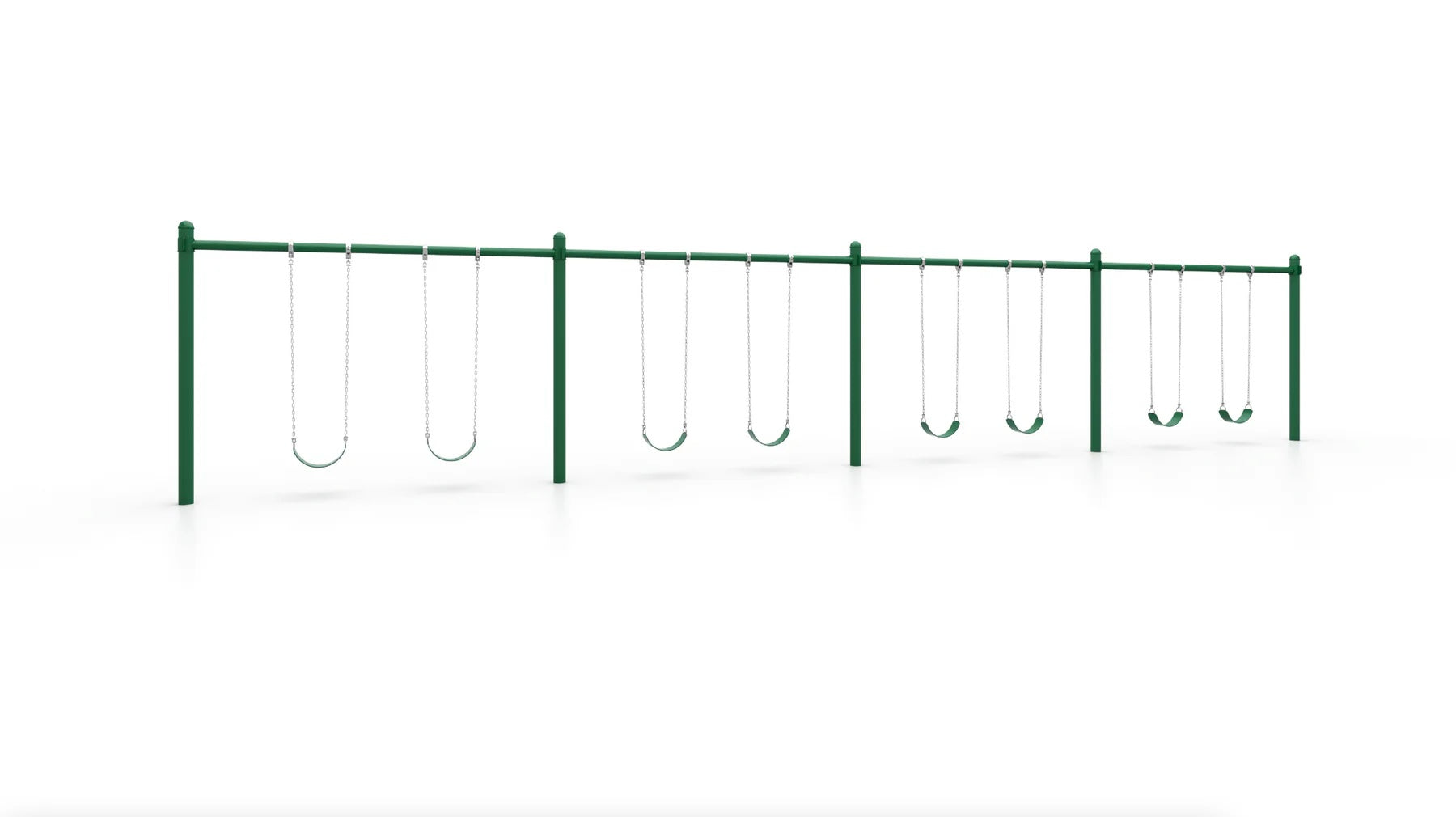 Green metal single post swing frame with eight belt swings and chains, designed for commercial playgrounds