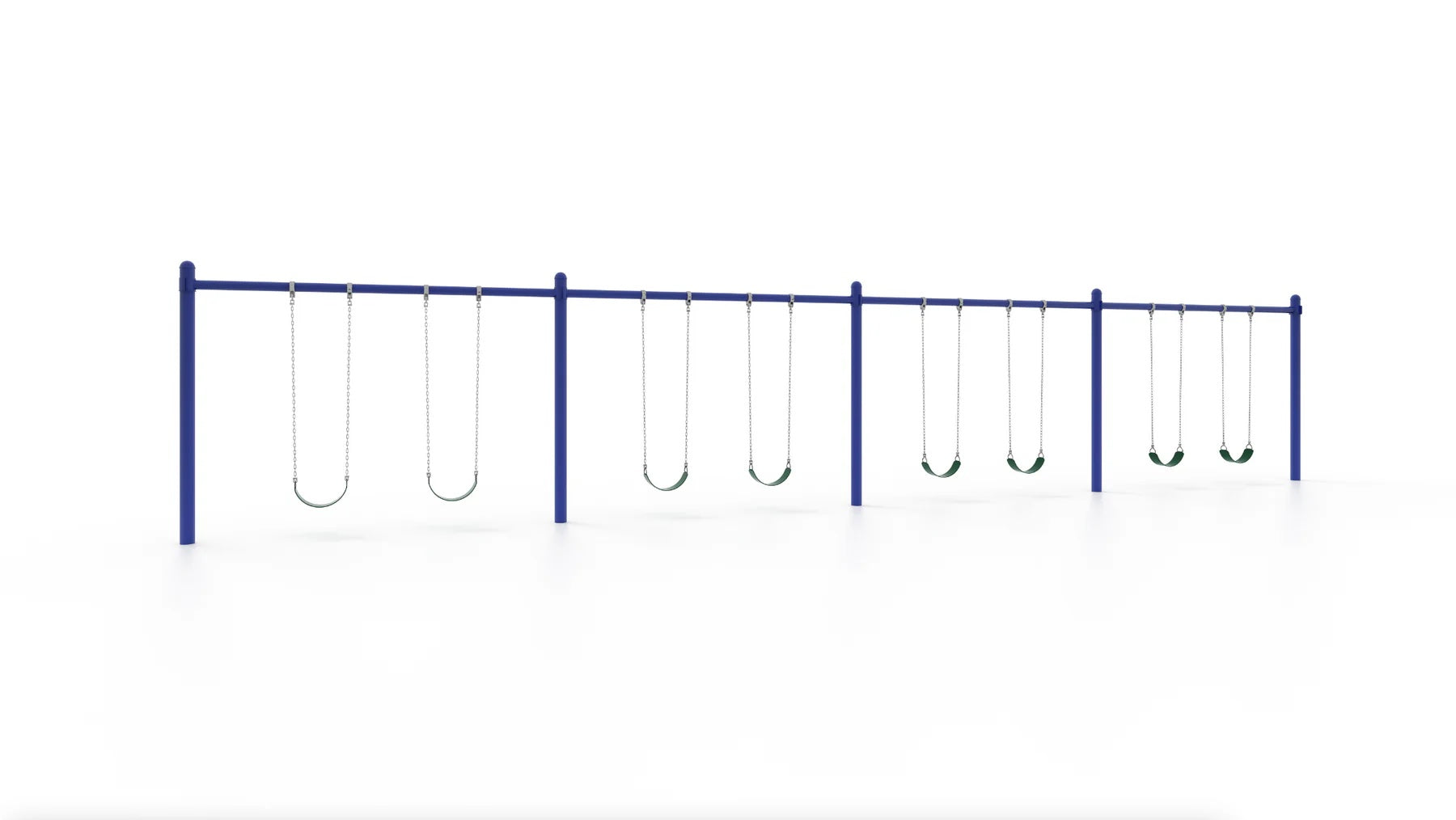 Blue metal single post swing frame with eight green belt swings and metal chains, commercial playground equipment