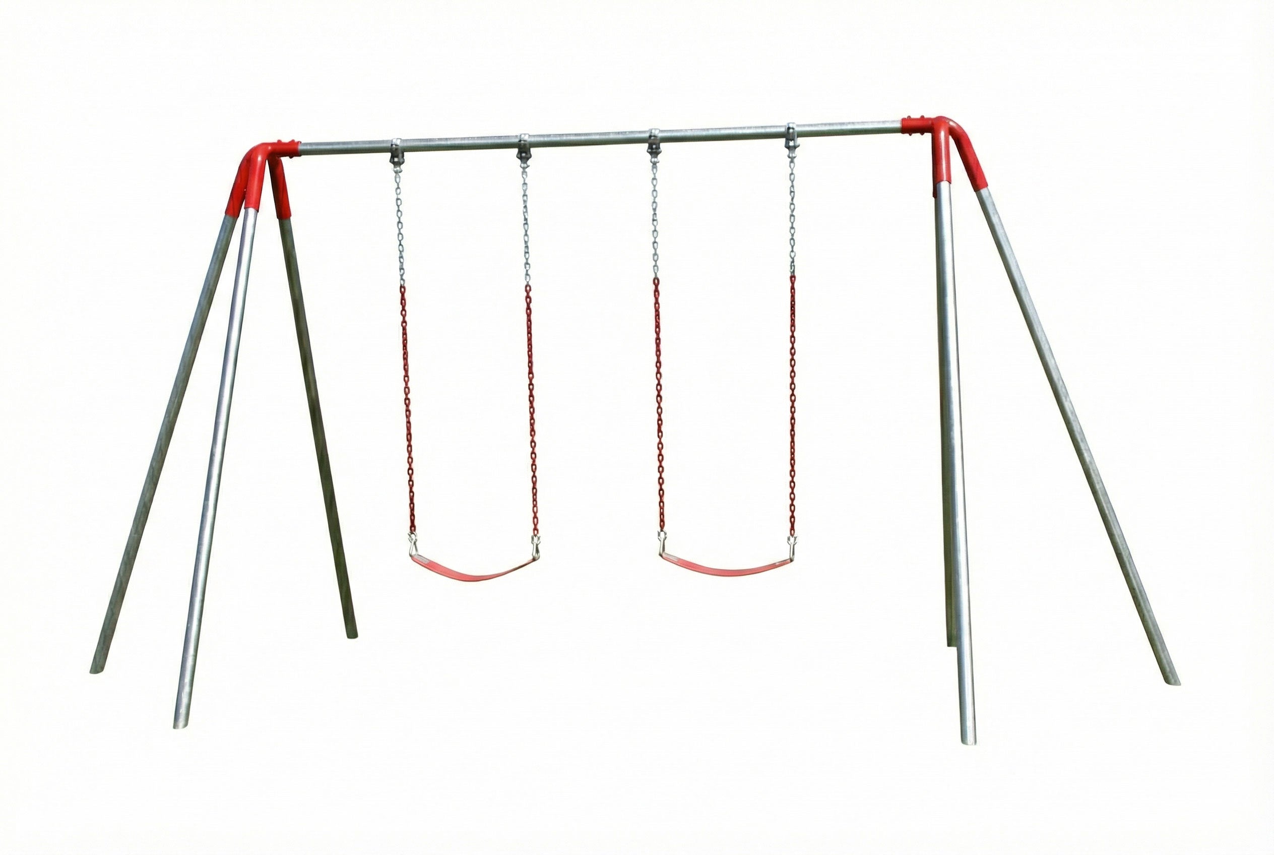 Heavy Duty 8 Foot High Swing Set with galvanized steel frame and two red chain swings on grassy field