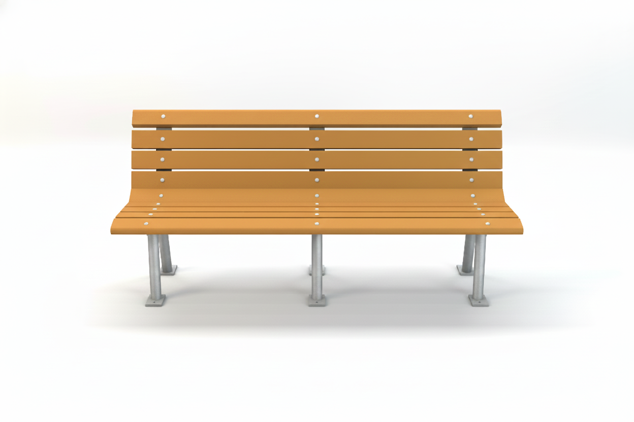St. Pete Recycled Plastic Park Bench with cedar-colored horizontal slats and angled metal legs, front view