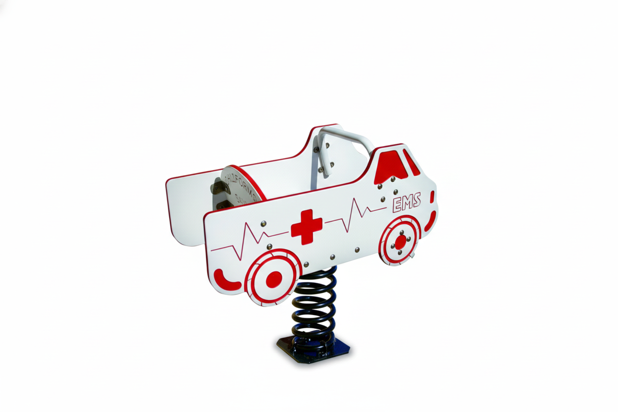Ambulance Single Seat Spring Rider playground equipment with red and white ambulance design, black spring base, child seat, and steering wheel