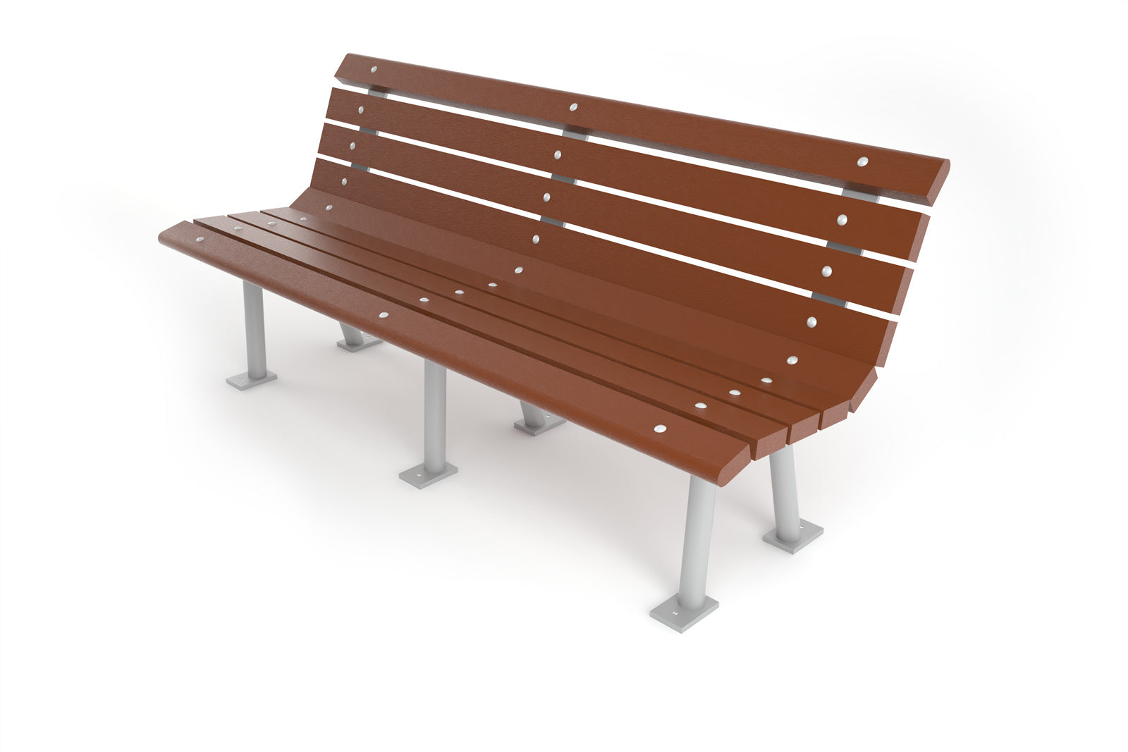 Modern outdoor bench with angled silver legs and brown recycled plastic slats for eco-friendly seating