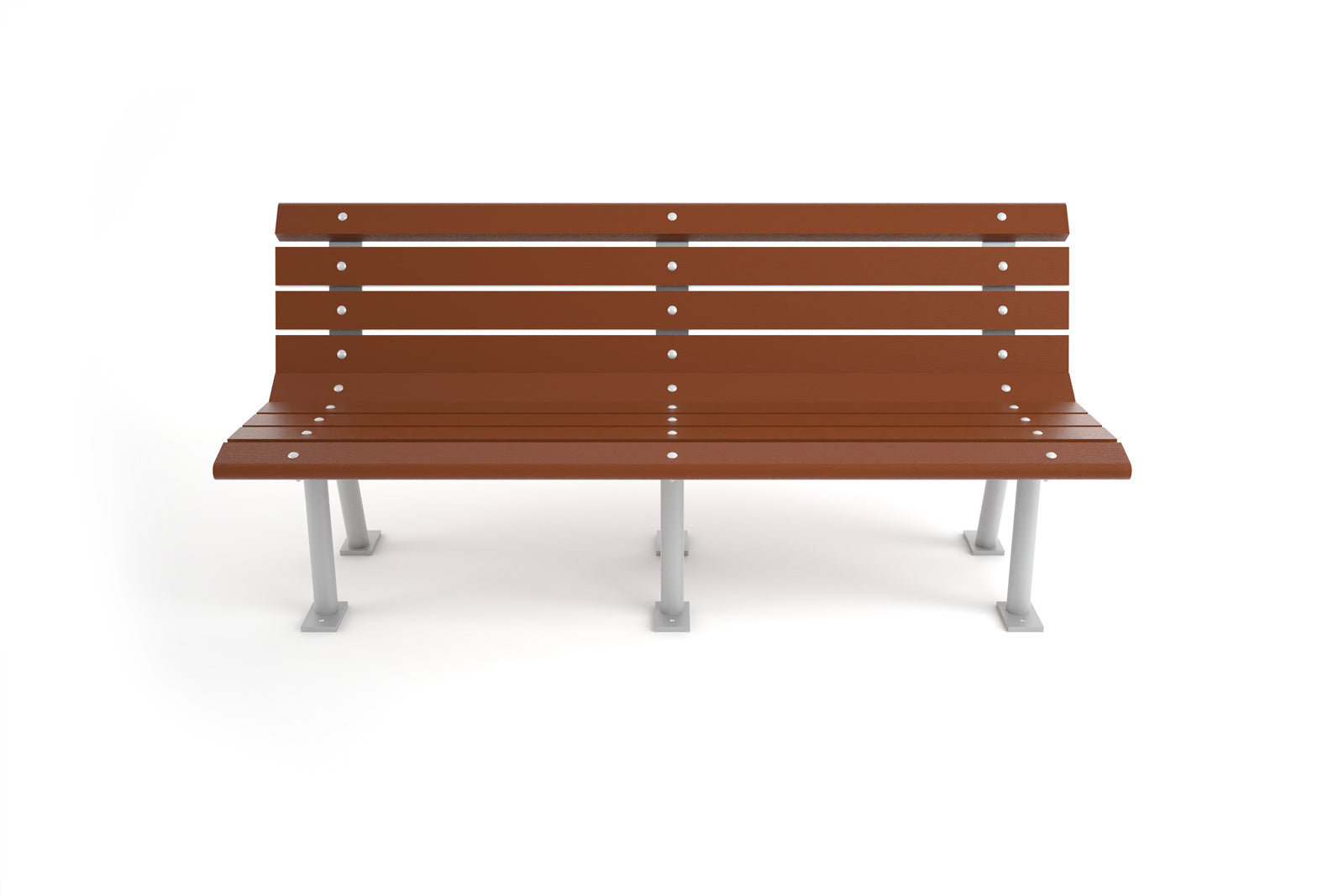 Brown recycled plastic park bench with angled silver metal legs and horizontal slats, modern eco-friendly outdoor seating