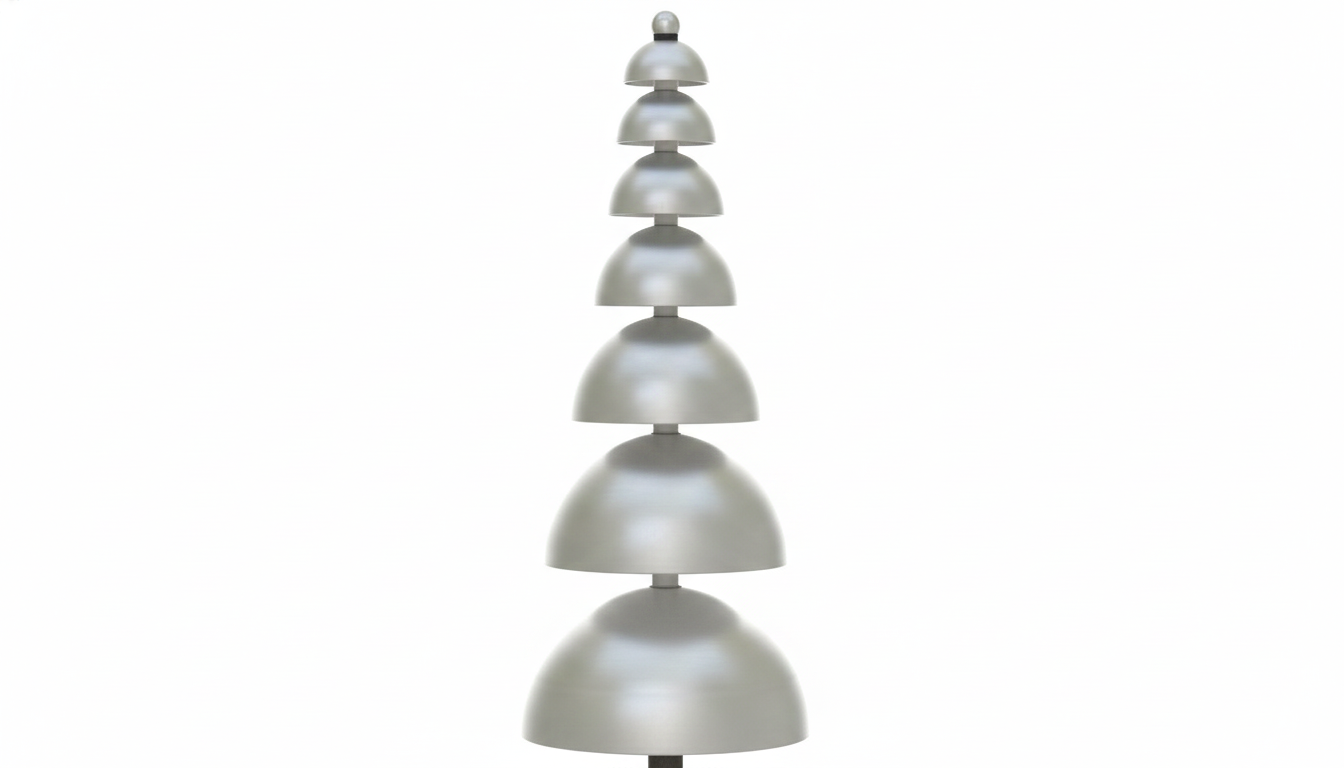 Pagoda Bells Outdoor Musical Park Instrument with vertical silver aluminum bells and black mallet in garden setting for outdoor musical play