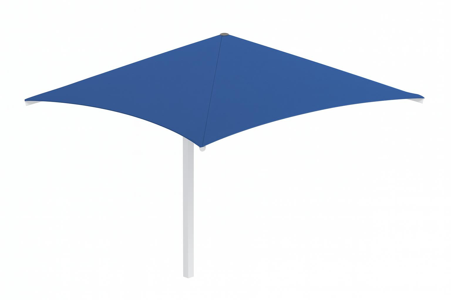 Cantilever Square Umbrella Shade with blue fabric and white steel post shading a blue bench on a concrete pad in an outdoor park setting