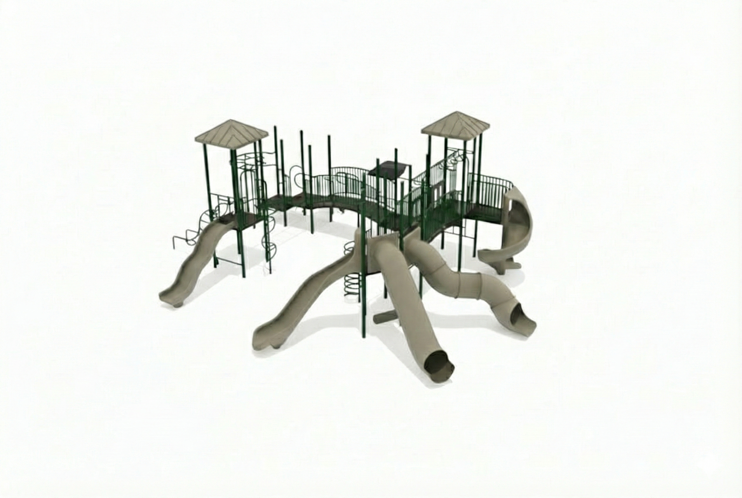 Thomas II Modular Playground with beige slides, green climbing structures, shaded platforms, and wood chip ground
