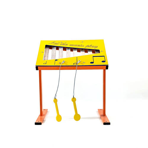 Xylophone Musical Freestanding Play Event with colorful metal bars, attached yellow paddles, musical notes, on sturdy orange frame for playgrounds